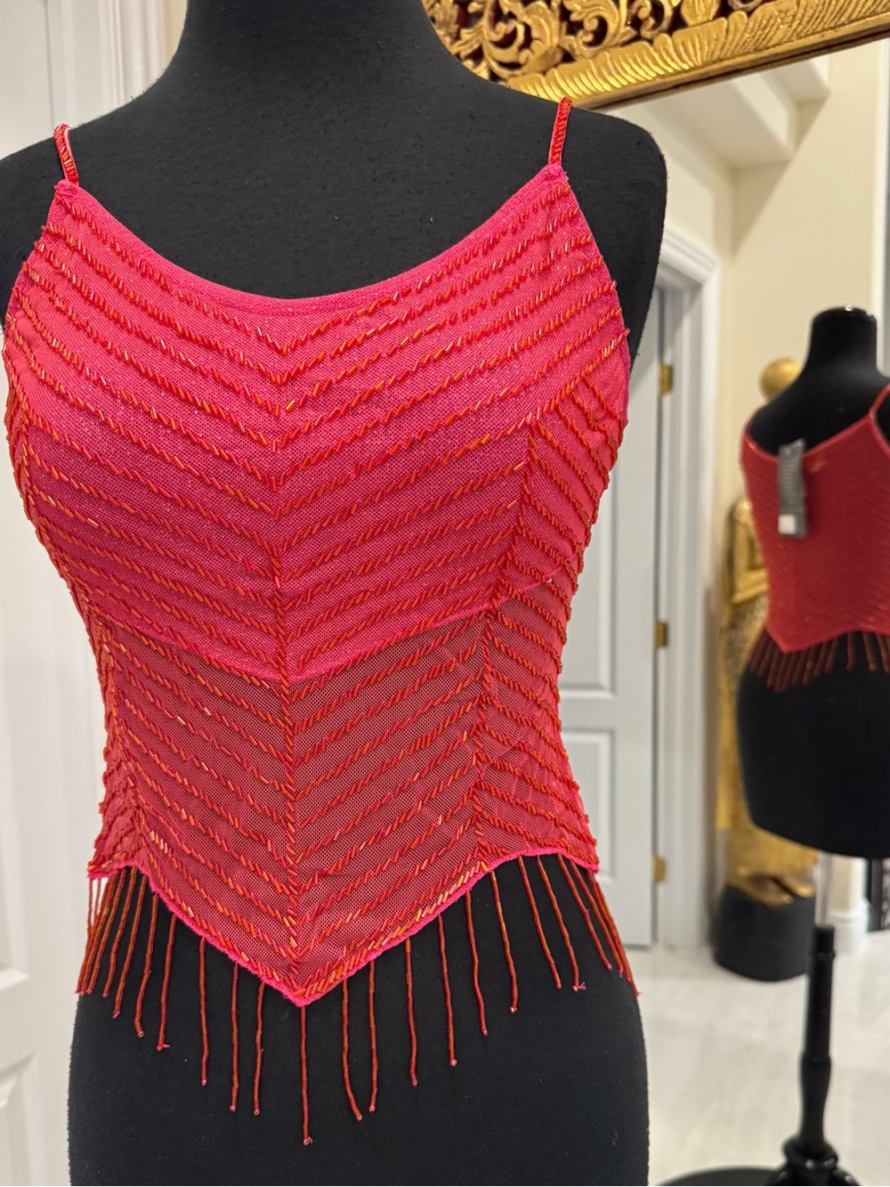 Pink hand Beaded Chevron‎ Fringe Cami Top